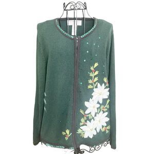 VINTAGE Tiara International White Poinsettia Zippered Christmas Sweater Size XL